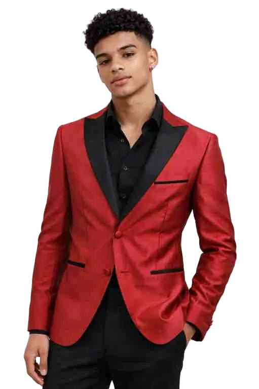 Mens Slim Fit Red Suit Jacket with Black Lapel – Party and Formal Wear