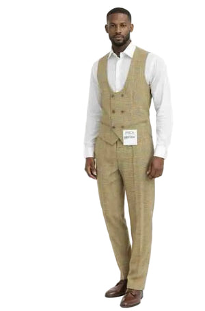Mens Tan Plaid 3-Piece Suit Set with Double-Breasted Vest