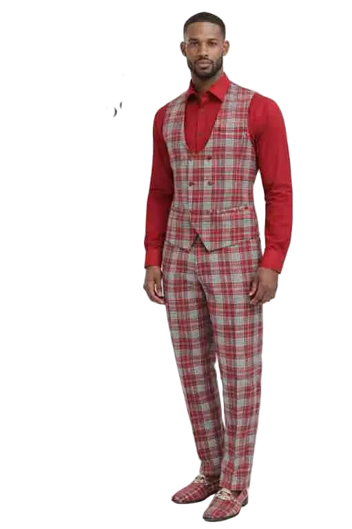 Mens Red Plaid 3-Piece Suit Set with Double-Breasted Vest Modern Fit