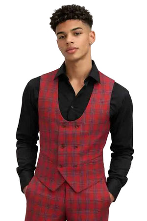 Mens Red Plaid Double-Breasted Vest and Trousers Set