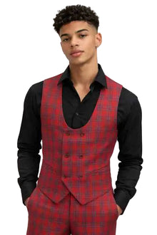 Mens Red Plaid Double-Breasted Vest and Trousers Set