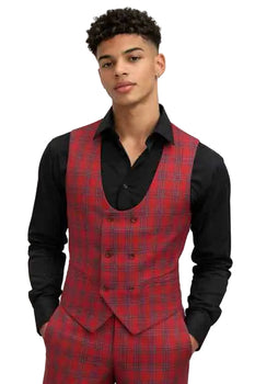 Mens Red Plaid Double-Breasted Vest and Trousers Set