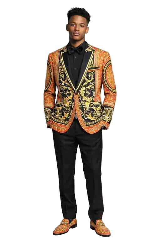 Mens Gold Baroque Tuxedo Blazer – Slim Fit Luxury Printed Dinner Jacket for Wedding, Prom and Party Wear