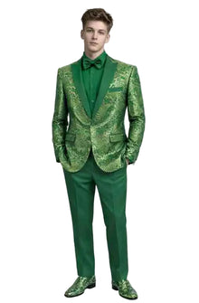 Mens Green Jacquard Tuxedo Suit – Slim Fit Floral Pattern Formal Suit for Wedding, Prom and Party Wear