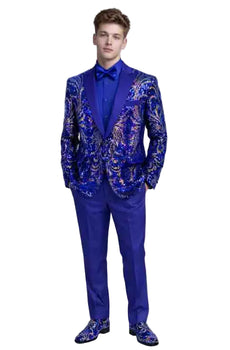 Mens Royal Blue Jacquard Tuxedo Suit – Slim Fit Baroque Pattern Formal Suit for Wedding, Prom and Party Wear