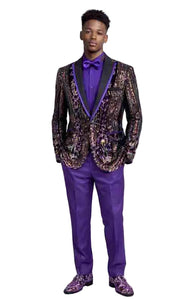 Mens Black and Purple Jacquard Tuxedo Suit – Slim Fit Baroque Pattern Formal Suit for Wedding, Prom and Party Wear