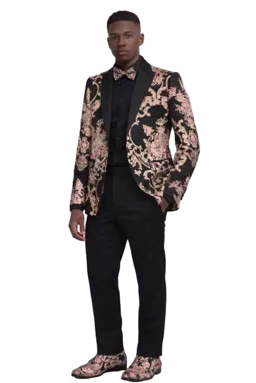 Mens Black and Gold Baroque Tuxedo Blazer – Slim Fit Floral Jacquard Dinner Jacket for Wedding, Prom and Party Wear