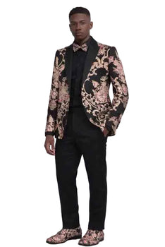 Mens Black and Gold Baroque Tuxedo Blazer – Slim Fit Floral Jacquard Dinner Jacket for Wedding, Prom and Party Wear