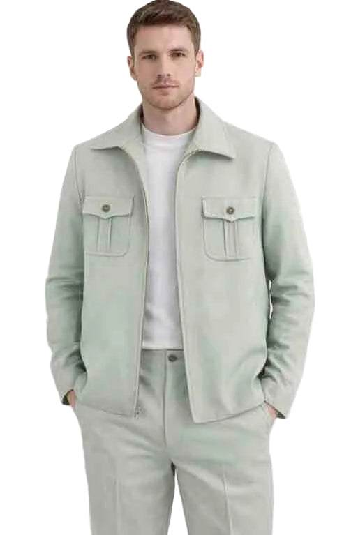 Mens Sage Green Utility Jacket Set – Modern Casual Two Piece Outfit with Cargo Pocket Jacket
