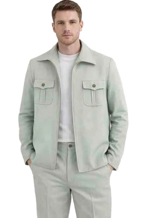 Mens Sage Green Utility Jacket Set – Modern Casual Two Piece Outfit with Cargo Pocket Jacket