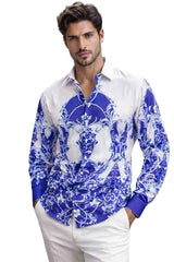 Mens Blue and White Baroque Printed Shirt – Slim Fit Luxury Long Sleeve Casual and Party Wear Shirt