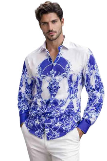Mens Blue and White Baroque Printed Shirt – Slim Fit Luxury Long Sleeve Casual and Party Wear Shirt