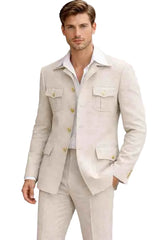Mens Safari Style Beige Suit – 4 Pocket Gold Button Designer Jacket and Pants Set  Modern Fit