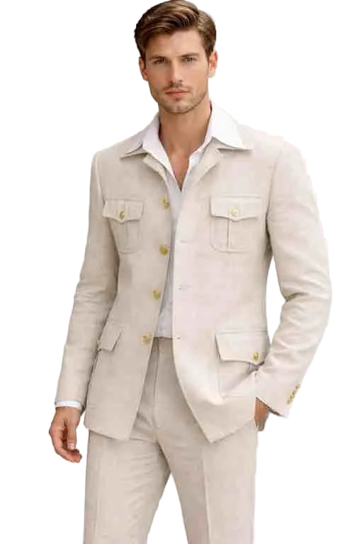 Mens Safari Style Beige Suit – 4 Pocket Gold Button Designer Jacket and Pants Set  Modern Fit
