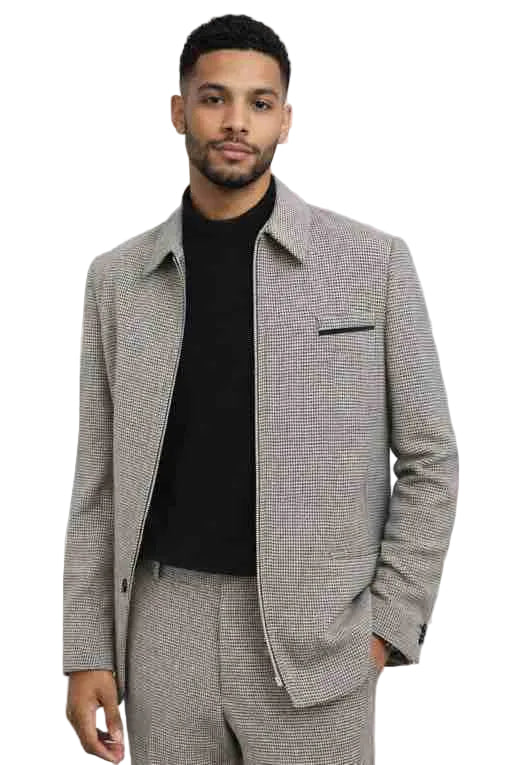 Mens Beige Houndstooth 2 Piece Fashion Suit – Modern Casual Jacket and Pants Set  Modern Fit