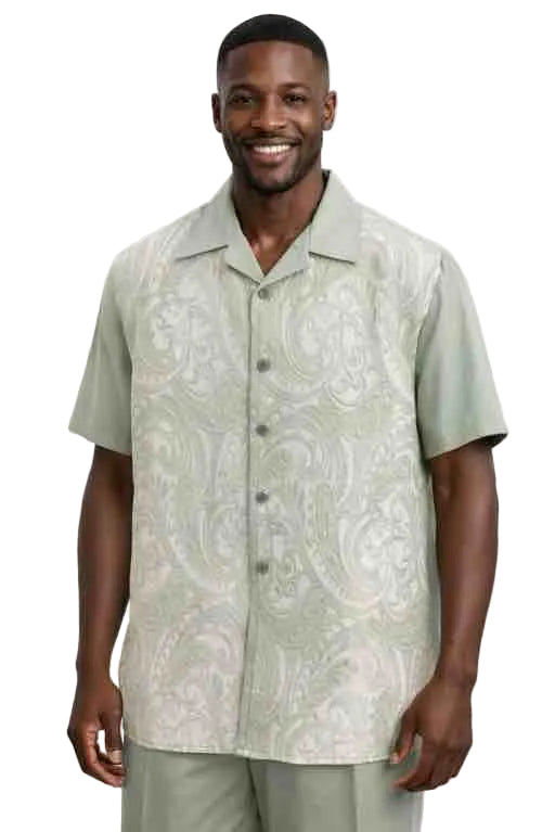 Mens Sage Green Paisley Panel 2-Piece Short Sleeve Set