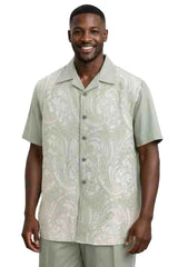 Mens Sage Green Paisley Panel 2-Piece Short Sleeve Set