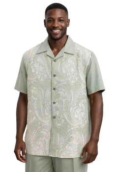 Mens Sage Green Paisley Panel 2-Piece Short Sleeve Set