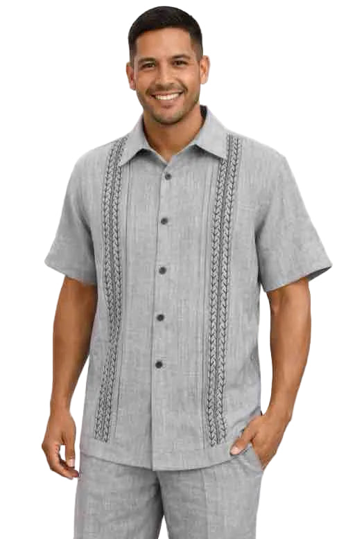 Mens Light Gray Embroidered Short Sleeve Button-Up Shirt and Pants Set