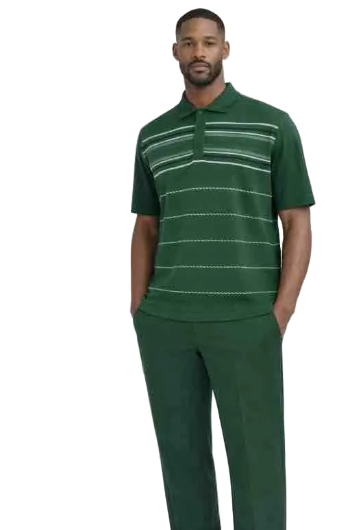 Mens Striped Polo T-Shirt – Modern Fit Short Sleeve Polo Tee in Forest Green