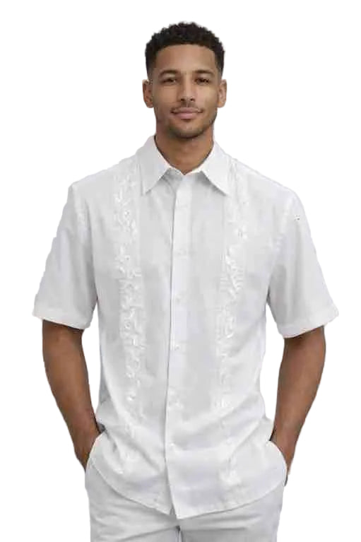 Mens White Embroidered Short Sleeve Button-Up Shirt