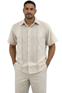 Mens Beige Short Sleeve Guayabera Shirt and Linen Pants Set