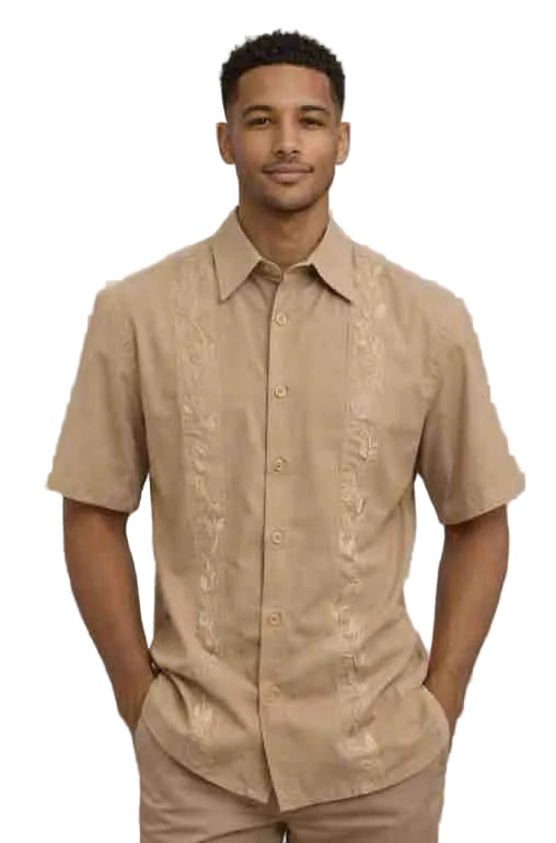 Mens Beige Embroidered Short Sleeve Button-Up Shirt