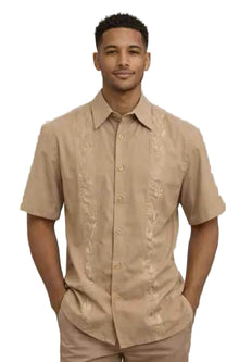 Mens Beige Embroidered Short Sleeve Button-Up Shirt