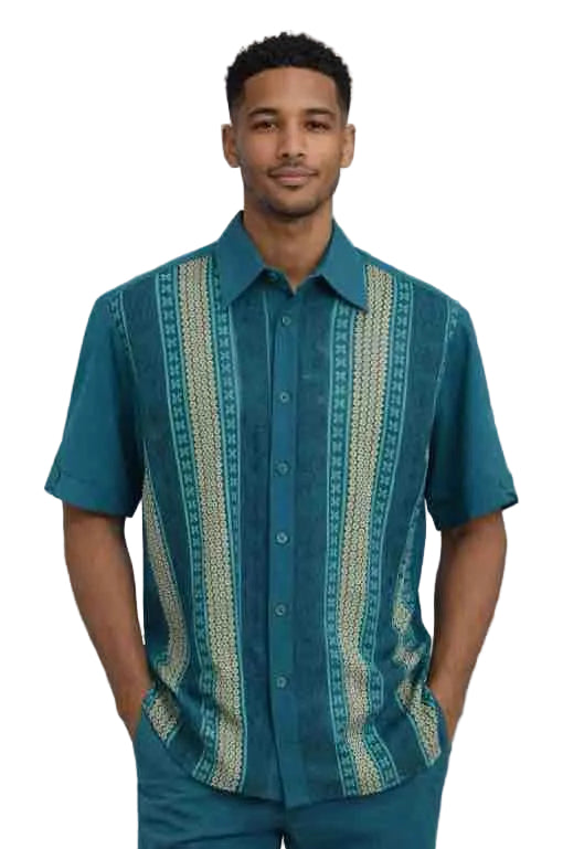 Teal Vertical Pattern Short Sleeve Button-Up Shirt