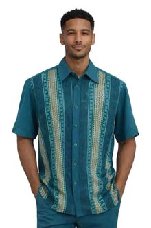 Teal Vertical Pattern Short Sleeve Button-Up Shirt