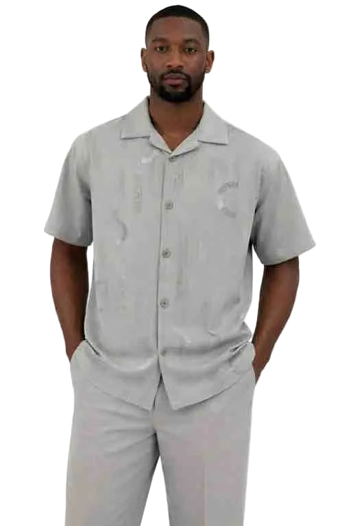 Mens Light Grey Short Sleeve Button-Up Shirt and Trouser Set
