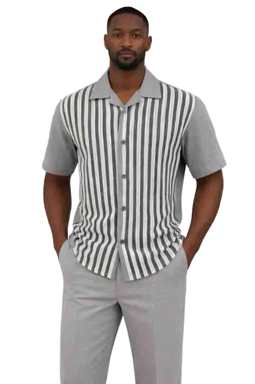 Mens Grey Vertical Stripe Short Sleeve Shirt and Trouser Set