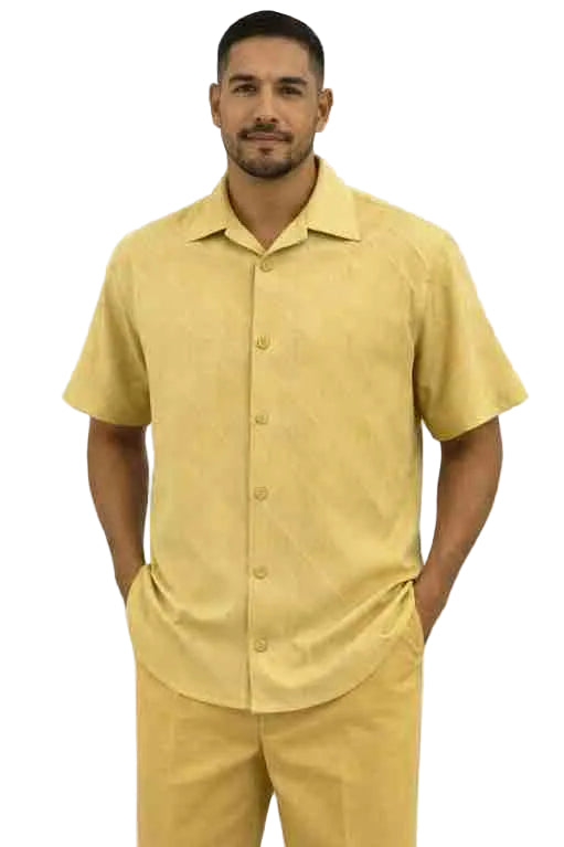 Mens Mustard Yellow Short Sleeve Button-Up Shirt and Pants Set