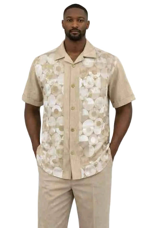 Mens Beige Abstract Print Short Sleeve Button-Up Shirt and Pants Set