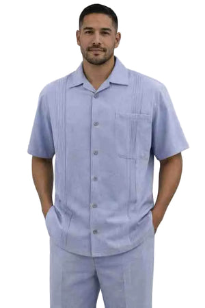 Mens Light Blue Short Sleeve Two-Piece Linen Look Set