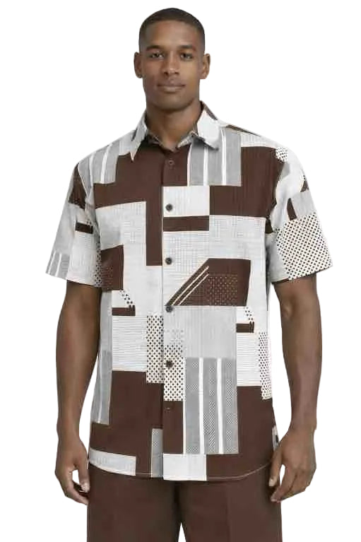Mens Brown Patchwork Short Sleeve Button-Up Shirt Set