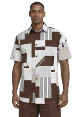 Mens Brown Patchwork Short Sleeve Button-Up Shirt Set