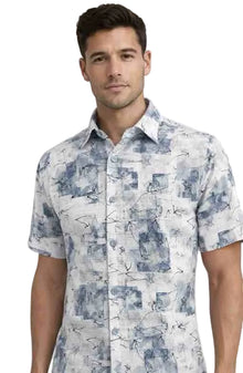 Mens Blue Abstract Print Short Sleeve Button-Up Shirt