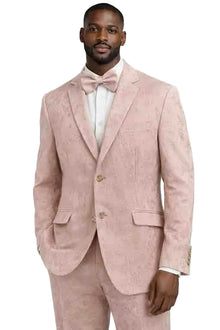 Mens Blush Pink Floral Jacquard Tuxedo Suit – Slim Fit Wedding and Prom Formal Wear with Bow Tie