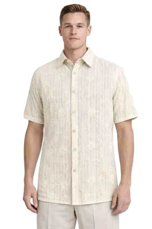 Mens Textured Short Sleeve Button-Up Shirt – Cream Beige