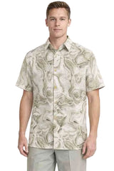 Mens Beige Abstract Print Short Sleeve Shirt With Walking Suit Plus Matching Pants – Casual Summer Button-Up Relaxed Fit