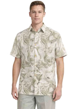 Mens Beige Abstract Print Short Sleeve Shirt With Walking Suit Plus Matching Pants – Casual Summer Button-Up Relaxed Fit