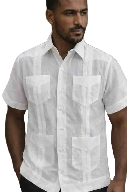 Mens White Short Sleeve Cuban Guayabera Shirt – Classic 4 Pocket Summer Linen Style