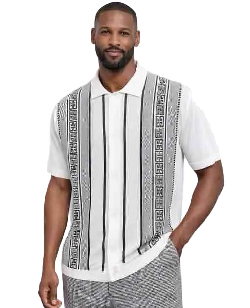 Mens White Vertical Pattern Polo Shirt With Walking Suit Plus Matching Pants – Retro Knit Short Sleeve Summer Casual Shirt