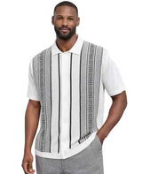 Mens White Vertical Pattern Polo Shirt With Walking Suit Plus Matching Pants – Retro Knit Short Sleeve Summer Casual Shirt