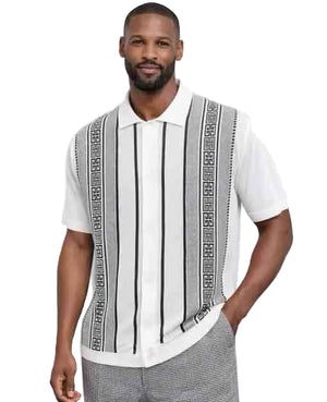 Mens White Vertical Pattern Polo Shirt With Walking Suit Plus Matching Pants – Retro Knit Short Sleeve Summer Casual Shirt