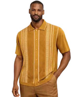 Mens Mustard Button-Up Short Sleeve Shirt With Walking Suit Plus Matching Pants– Vintage Pattern Casual Summer Shirt for Men