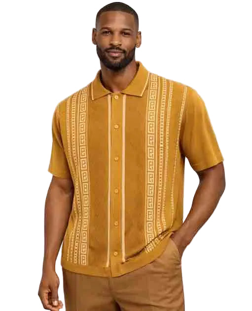 Mens Mustard Button-Up Short Sleeve Shirt With Walking Suit Plus Matching Pants– Vintage Pattern Casual Summer Shirt for Men
