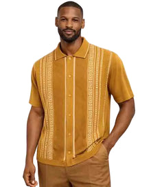 Mens Mustard Button-Up Short Sleeve Shirt With Walking Suit Plus Matching Pants– Vintage Pattern Casual Summer Shirt for Men