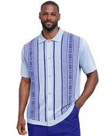 Mens Light Blue Vertical Pattern Short Sleeve Button-Up Shirt – Retro Casual Summer Polo Style With Walking Suit Plus Matching Pants